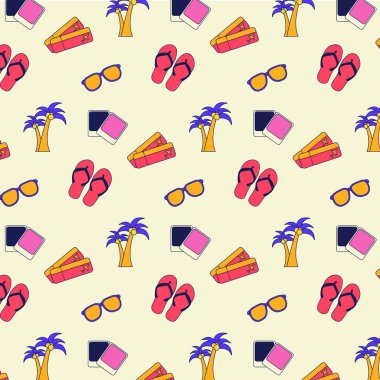 Colorful y2k cartoon pattern features travel necessities like suitcases, flip-flops, sunglasses, instant camera photos, and palm trees. Fun illustration suggests a summer vacation theme.