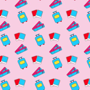 A colourful seamless pattern of cartoon suitcases, travel bags, and polaroid style photos on a light pink background. The vector design has a y2k aesthetic.