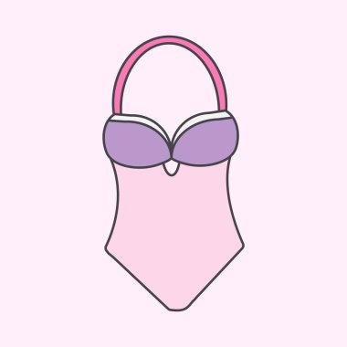 A cute cartoon style pastel coloured swimsuit illustration. The swimsuit has a pink bottom and halter strap, and the cups are purple. A sweet and simple vector icon.