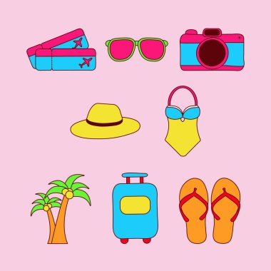 Renkli karikatür simgelerinden oluşan bir koleksiyon yaz yolculuğuyla ilgili öğeleri gösteriyor. Bavul, güneş gözlüğü, kamera, mayo, biletler ve diğer seyahat ile ilgili şeyler ortaya çıktı.