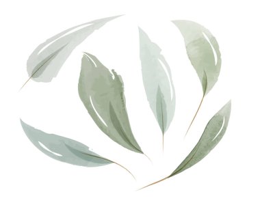 İnce saplı birkaç şeffaf yeşil suluboya yaprak saf beyaz bir zemin üzerinde sanatsal olarak düzenlenmiştir. Bu botanik koleksiyonu dekoratif kullanım için nazik ve doğal bir aksan sunar..