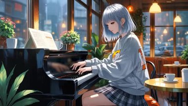 Anime kız kafede piyano çalıyor.
