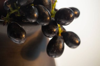 Beyaz arkaplanda üzüm ve seramik kap