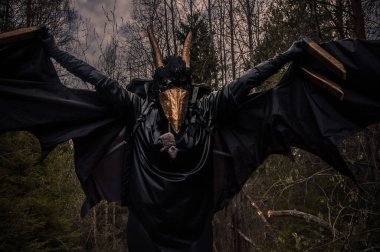 Kanatları açık bir siyah karga kostümü.