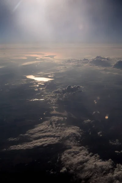 Coucher Soleil Sur Rivière Mer Depuis Avion Vue Dessus — Photo