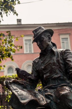 Etrafta güvercinlerle oturup kitap okuyan bir heykel.