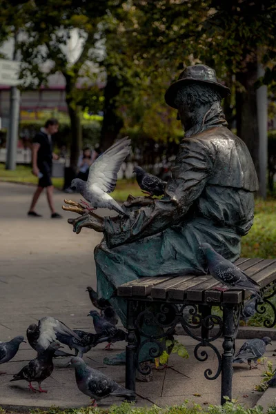 Uma Escultura Sentada Lendo Com Pombas Redor — Fotografia de Stock