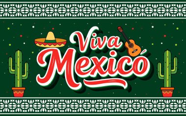 Yaşasın Meksika posteri. Geleneksel tatiller. Gitar, kaktüs ve diğer desenli süsler. Tipik Meksika şapkalı bir pankart. Vektör çizimi. Posterler, kartlar, afişler ve sosyal medya için harika.