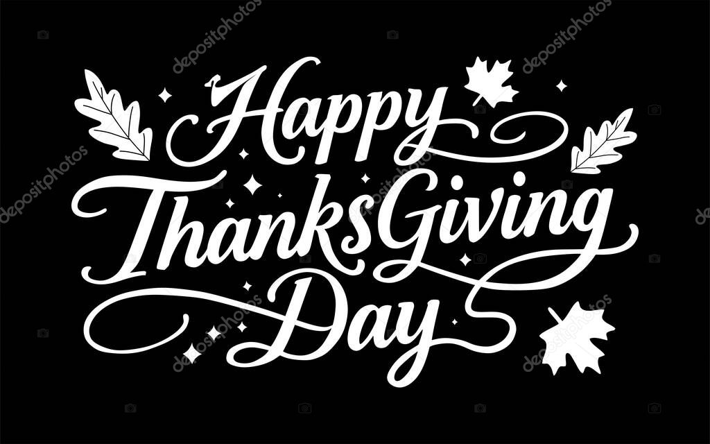 Happy Thanksgiving Day illustration featuring a festive design with decorative elements around the text. Great for Thanksgiving 2025 greeting cards, posters, and seasonal holiday designs.