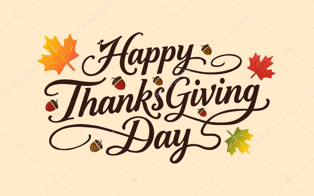 Happy Thanksgiving Day illustration featuring a festive design with decorative elements around the text. Great for Thanksgiving 2025 greeting cards, posters, and seasonal holiday designs.