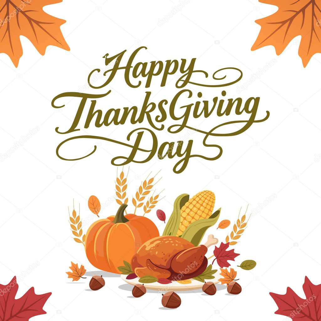 Happy Thanksgiving Day illustration featuring a festive design with decorative elements around the text. Great for Thanksgiving 2025 greeting cards, posters, and seasonal holiday designs.