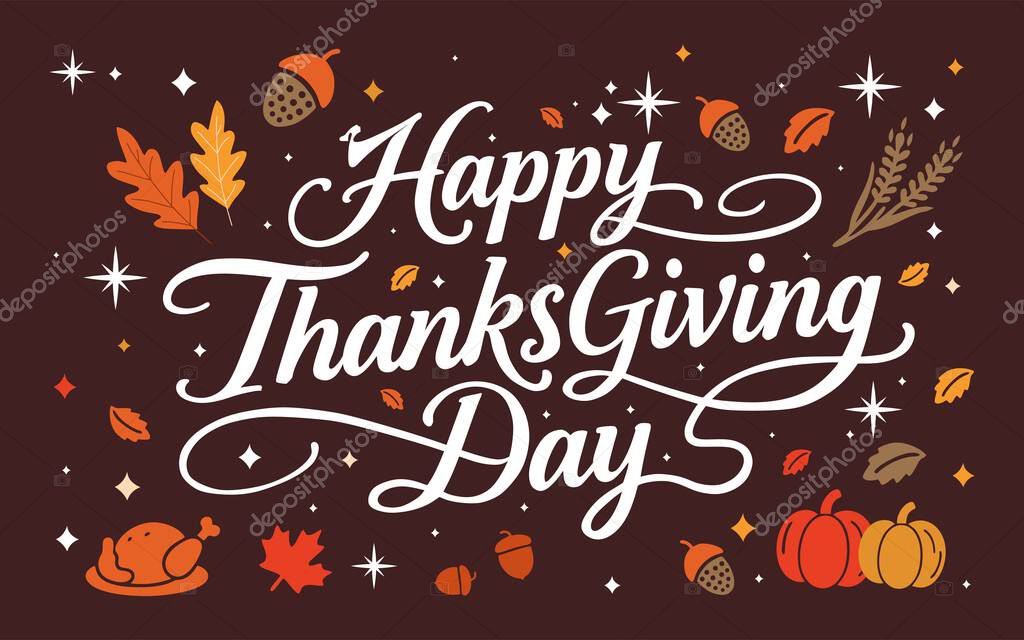 Happy Thanksgiving Day illustration featuring a festive design with decorative elements around the text. Great for Thanksgiving 2025 greeting cards, posters, and seasonal holiday designs.