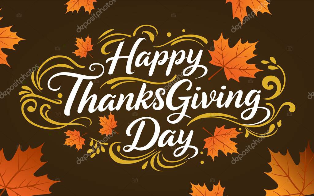 Happy Thanksgiving Day illustration featuring a festive design with decorative elements around the text. Great for Thanksgiving 2025 greeting cards, posters, and seasonal holiday designs.