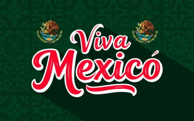 Yaşasın Meksika posteri. Geleneksel tatiller. Gitar, kaktüs ve diğer desenli süsler. Tipik Meksika şapkalı bir pankart. Vektör çizimi. Posterler, kartlar, afişler ve sosyal medya için harika.