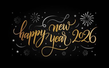 Renkli bir el çizimi tipografi ve havai fişeklerle dolu mutlu yıllar 2026. Pankartlar, posterler, kartlar ve sosyal medya için harika.