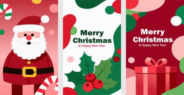 Mutlu Noel vektör seti poster tasarımı. Noel kartı koleksiyonu, hediye kutusu, kutsal böğürtlen, Noel sezonu süslemesi.