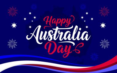 Avustralya Günü afişi, el çizimi senaryo, havai fişekler ve Avustralya siluetinin haritası. Tebrik kartları, poster tasarımı ve sosyal medya için harika. Vektör illüstrasyonu.