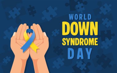 Dünya Down Sendromu Günü pankartı. Bulmaca parçaları, eller ve kurdeleyle Dünya Down Sendromu Günü farkındalık tasarımı. Afişler, posterler, kartlar ve sosyal medya için harika. Vektör Resimleri.