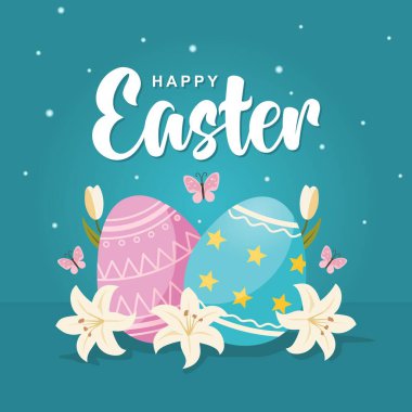 Mutlu Paskalya tebrik kartı tasarımları. Renkli yumurtalar ve turkuaz mavi arka planda zambak çiçekleri olan mutlu Paskalya mesajı sanatı. Vektör çizimi. Afişler, kartlar ve posterler için harika.
