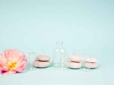 Beyaz arka planda spa taşları, yağ şişeleri ve pembe çiçek.