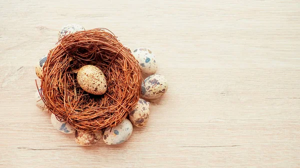 Quail Eggs Nest Branches Lying Wooden Background Postcard Easter — Stock Photo, Image