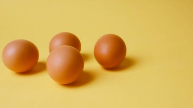 Sarı arka planda kahverengi yumurtalar, gölge, modern Paskalya konsepti, yılın gizli eğilimi, web sitesi afişi..