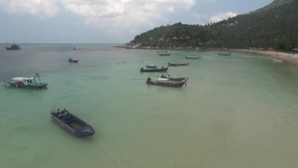 A légi felvétel a strand és a hajók Koh Tao Thaiföldön — Stock videók