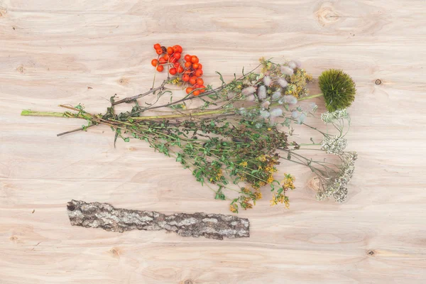 Composición de collage de flores y hierbas secas en escritorio de madera — Foto de Stock