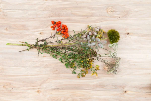 Composición de collage de flores y hierbas secas en escritorio de madera — Foto de Stock