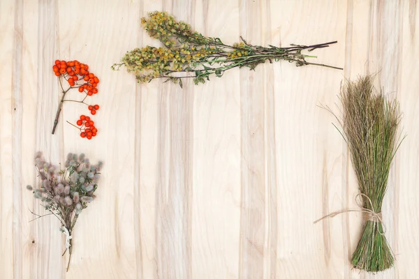 Composición de collage de flores y hierbas secas en escritorio de madera — Foto de Stock