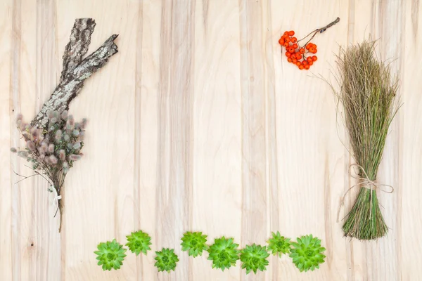 Composición de collage de flores y hierbas secas en escritorio de madera — Foto de Stock