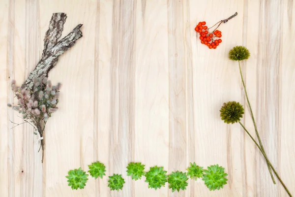 Composición de collage de flores y hierbas secas en escritorio de madera — Foto de Stock