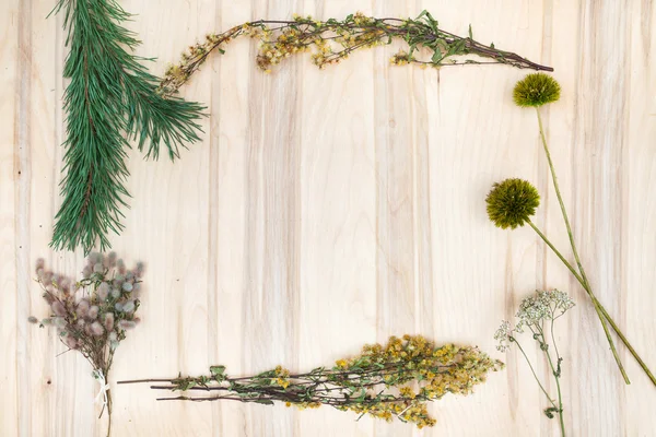 Composición de collage de flores y hierbas secas en escritorio de madera — Foto de Stock