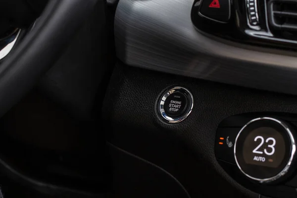 Close Engine Car Start Stop Button Modern Car Black Interior — Stock Photo, Image