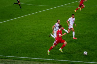 MOSCOW, Rusya - 7 Eylül 2021 Otkrytie Arena Stadyumu. Katar 'da düzenlenen 2022 FIFA Dünya Kupası eleme turnuvasıdır. H.Russia Grubu Malta milli takımlarına karşı. Milli takım oyuncuları futbol oynuyor.