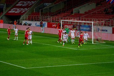 MOSCOW, Rusya - 7 Eylül 2021 Otkrytie Arena Stadyumu. Katar 'da düzenlenen 2022 FIFA Dünya Kupası eleme turnuvasıdır. H.Russia Grubu Malta milli takımlarına karşı. Milli takım oyuncuları futbol oynuyor.