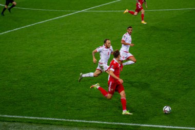 MOSCOW, Rusya - 7 Eylül 2021 Otkrytie Arena Stadyumu. Katar 'da düzenlenen 2022 FIFA Dünya Kupası eleme turnuvasıdır. H.Russia Grubu Malta milli takımlarına karşı. Milli takım oyuncuları futbol oynuyor.