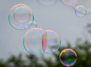 Gökkuşağı renginde kabarcıklar havada yüzüyor.