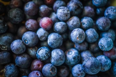 Yüzey dokusunu ve doğal rengini gösteren olgun, sulu yaban mersinlerine yakın çekim. Makro gıda ayrıntıları sağlıklı yemek, meyve ve beslenme kavramları için idealdir.