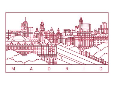 Madrid Şehri Skyline Vector Illustration. Çizgi Sanat Kentsel Manzarası.