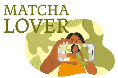 Modern düz illüstrasyonda buzlu matcha latte ile selfie çeken bir kız..