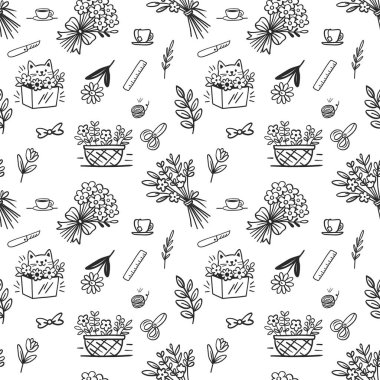 Kusursuz desenli kutuda kedi ve çiçekçi dükkanı için çiçekler.