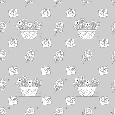 Kusursuz çiçek desenli sepetler, güller ve gri renkli hediyeler.