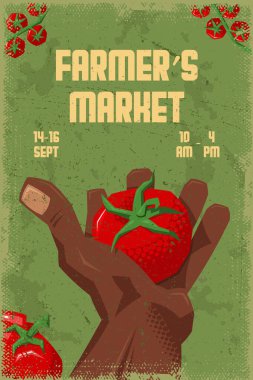 Domates Orta-Yüzyıl Modern Retro Market Posteri Kumlu Kalın Şekiller ve Taze Organik Hasat Düzeni