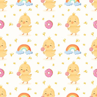 Pastel hatunların, gökkuşaklarının ve şekerlerin neşeli çizgi film tarzında hoş, pürüzsüz desenleri var.