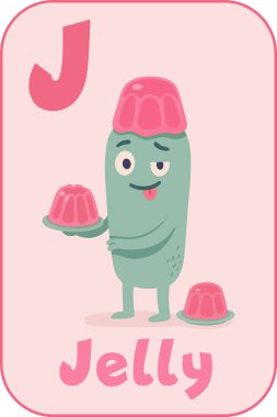 J harfi, çocuklar için mor jöleli neşeli yeşil canavar düz çizgi film tarzı hafıza kartı.