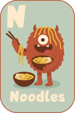 N harfi, tüylü kırmızı canavar çocuklar için yemek çubuklarıyla ramen eriştesi yiyor.