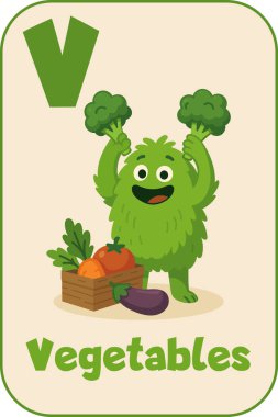 V harfi, brokoli boynuzlu mutlu yeşil canavar ve çocuk için sebze sepeti düz çizgi film tarzı flash kart.