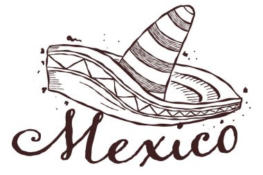 El çizimi Meksika harfleri geleneksel Meksika seyahat karalama tarzı sombrero ile