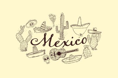 Meksika harfleri geleneksel Meksika seyahat tarzında el çizimi kültürel semboller.